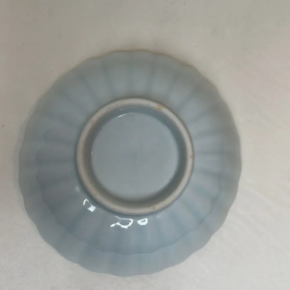 Porcelain Bowl 4 3/4 In Round 1 3/4 In Tall Vintage Sea Stripe Blue Green Ribbed